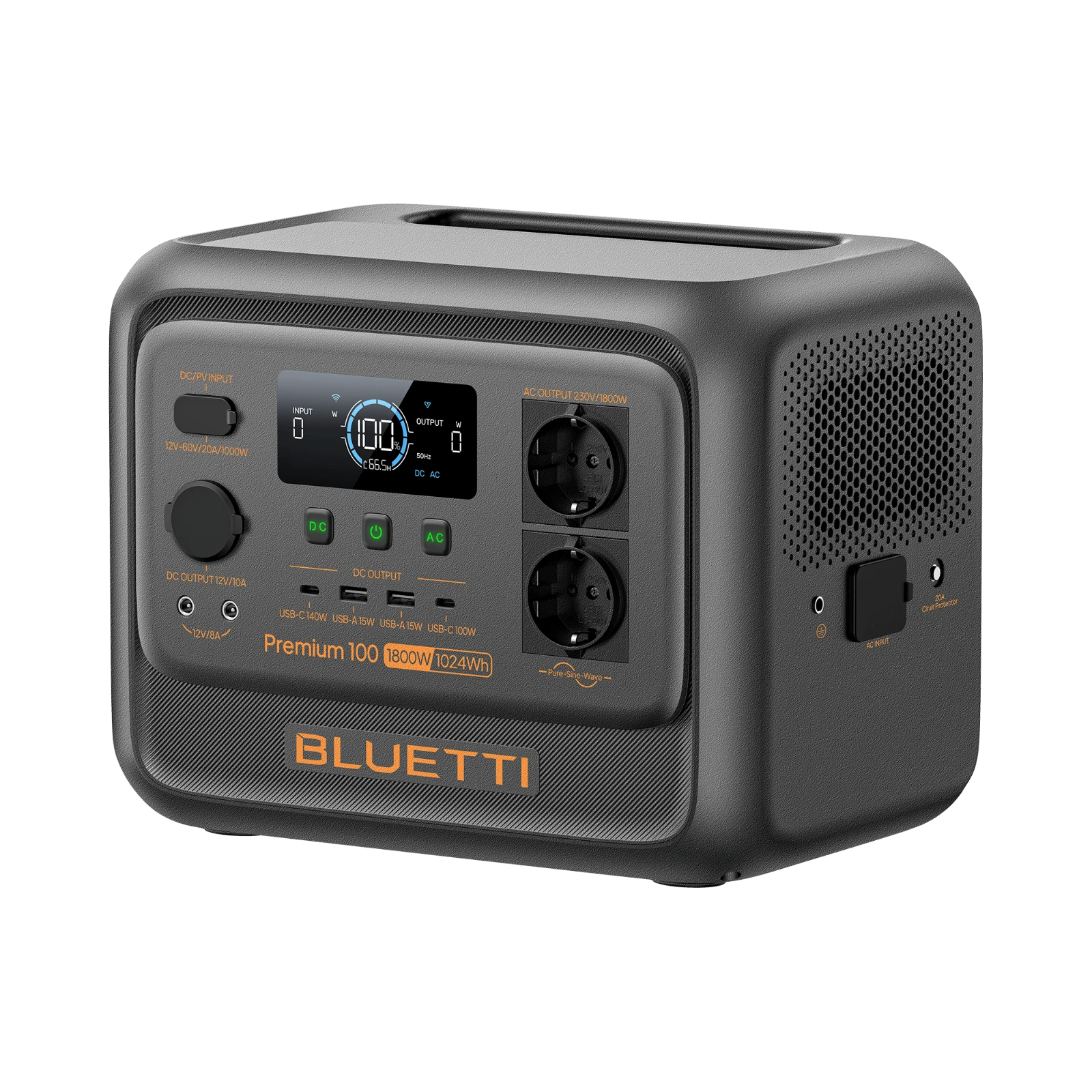Bluetti Premium 100 V2, ракурс три четверти с входом AC